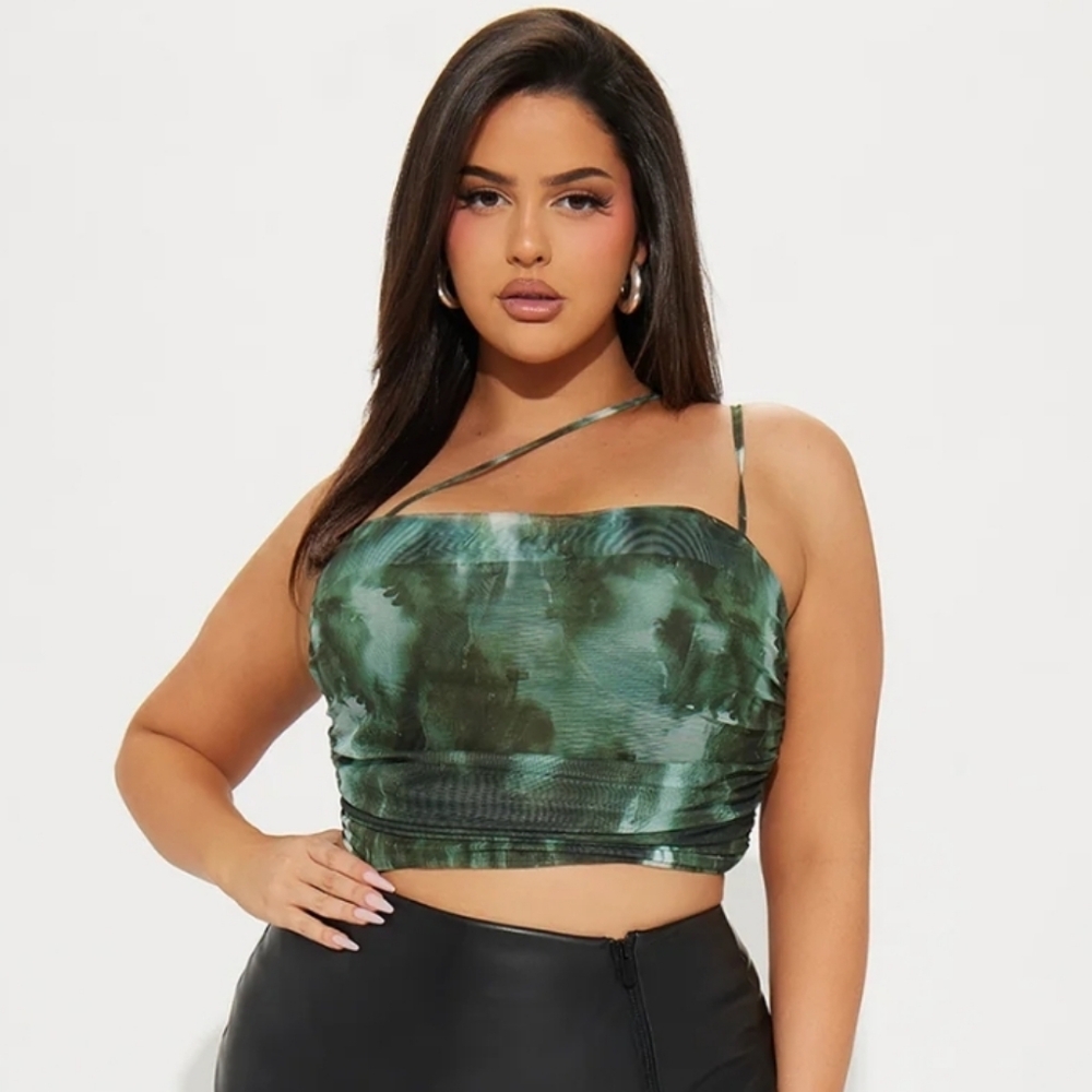 Fashion Nova Green Tie-Dye Mesh Crop Top